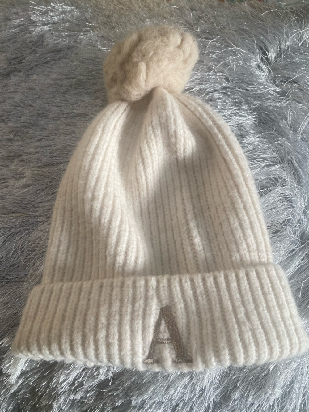 Primark Cream Pom-Pom Ribbed Beanie with Embroidered 'A'